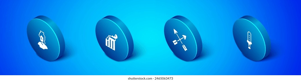 Set Isometric Ancient bust sculpture, Crossed arrows, Medieval sword and Broken ancient column icon. Vector
