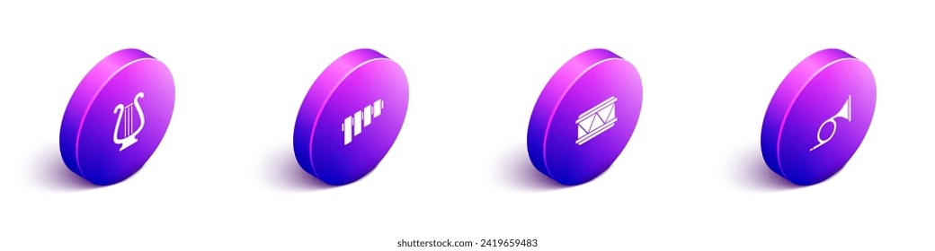 Set Isometric Ancient lyre, Pan flute, Drum and Trumpet icon. Vector
