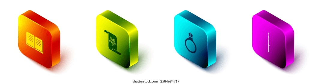 Set Isometric Ancient magic book, , Magic stone ring with gem and wand icon. Vector