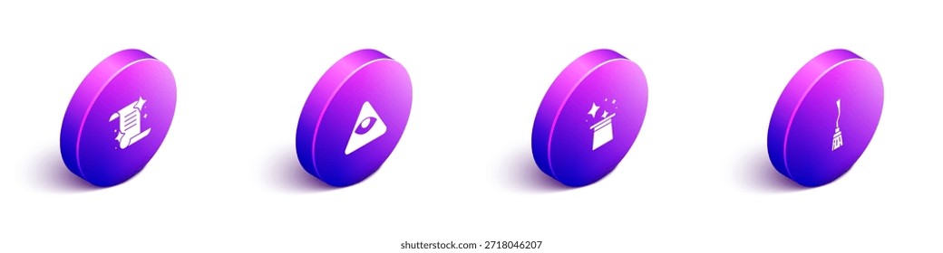 Conjunto de libro de magia antiguo isométrico, masones, sombrero mágico e icono de escoba de brujas. Vector