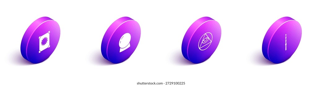 Definir Isometric Antigo livro de magia, bola mágica, maçons e ícone de varinha. Vetor