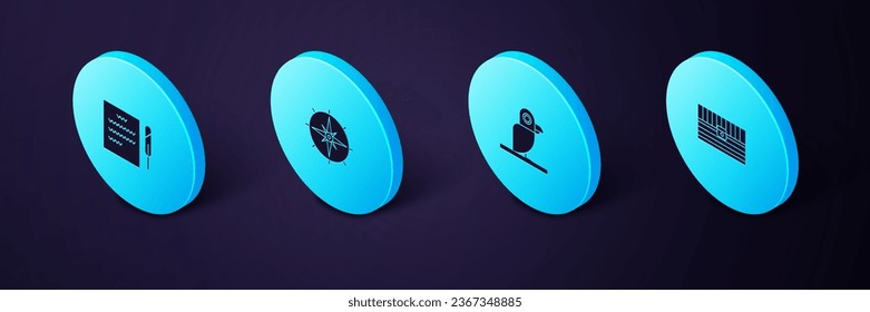 Set Isometric Antique treasure chest, Pirate parrot, Wind rose and Feather pen and scroll icon. Vector