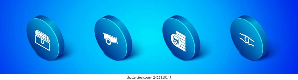 Conjunto Isométrico Antiguo cofre del tesoro, moneda pirata, cuerda atada nudo e icono de cañón. Vector