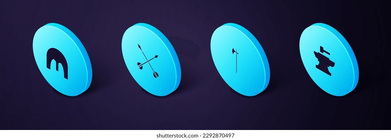Sitúe el yunque isométrico para el martillo herrero, el haluro medieval, las flechas cruzadas y el icono del casco de hierro. Vector