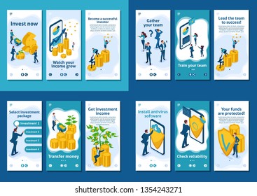 Set Isometric app 3D design concept on investments growth, team success, safety money.