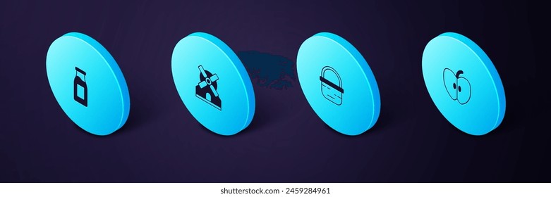 Set Isometric Apple, Basket, Windmill and Bottle with milk icon. Vector