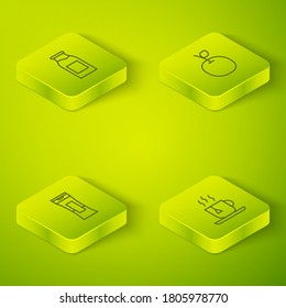 Set Isometric Apple, Bottle of shampoo, Cup tea with tea bag and milk icon. Vector