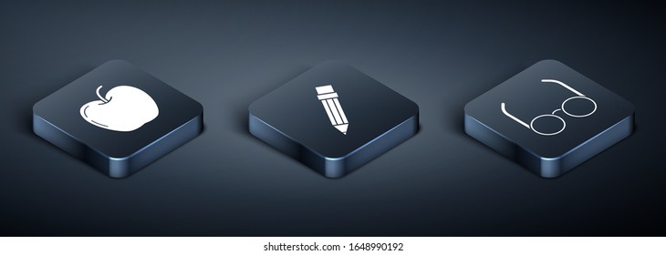 Coloque Apple isométrica, lentes y lápiz con icono de borrador. Vector