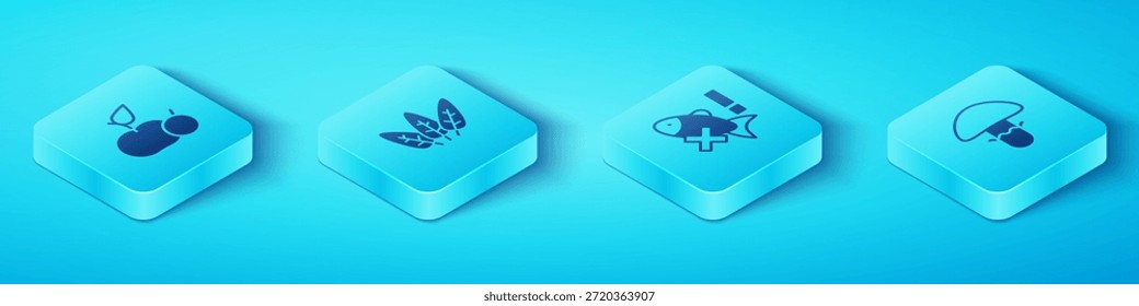 Isometrisches Symbol für Apfel, Blatt, Pilz und keinen Fisch setzen. Vektorgrafik