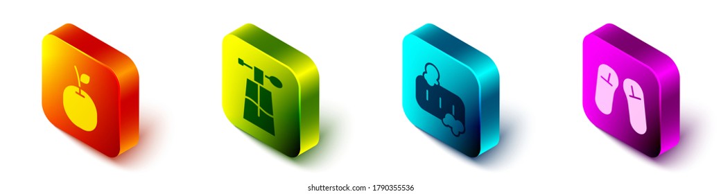 Set Isometric Apple, Perfume, Bar of soap with foam and Slipper icon. Vector