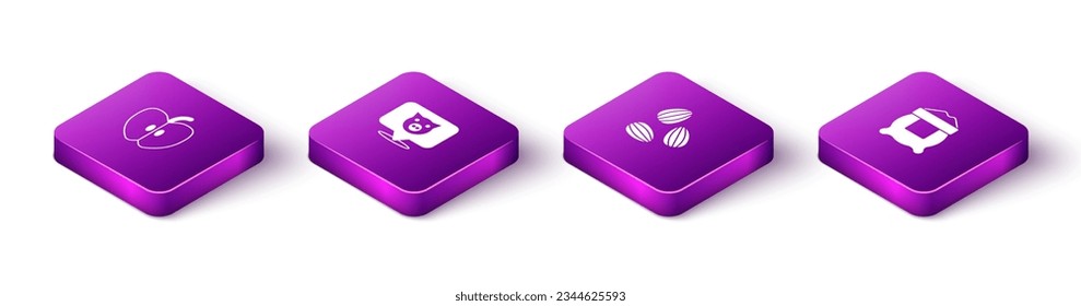 Isometrisches Symbol für Apfel, Schwein, Samen und Beutel aus Mehl setzen. Vektorgrafik