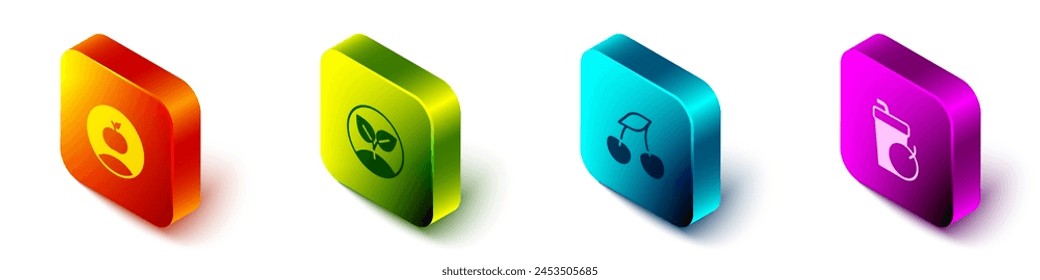 Set Isometric Apple, Sprout, Fresh berries and smoothie icon. Vector