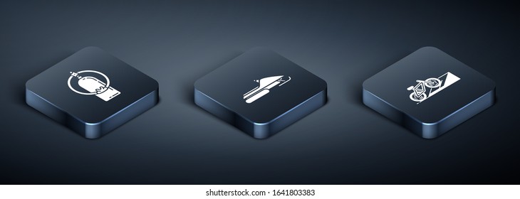 Set Isometric Aqualung, Bicycle on street ramp and Snowmobile icon. Vector