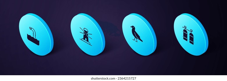 Set Isometric Aqualung, Bird seagull, Lighthouse and Periscope icon. Vector