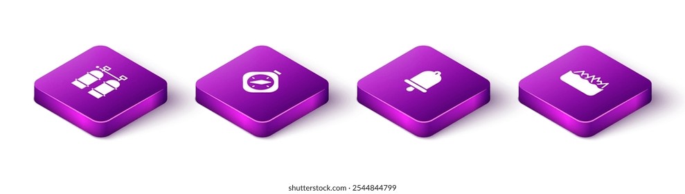 Set Isometric Aqualung, Compass, Ship bell and Sharp stone reefs icon. Vector