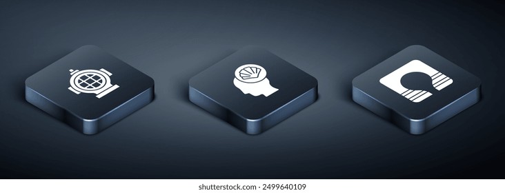 Set Isometric Aqualung, Life jacket and Scallop sea shell icon. Vector
