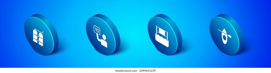 Set Isometric Aqualung, Water volleyball net, Kayak and paddle and Assessment of judges icon. Vector