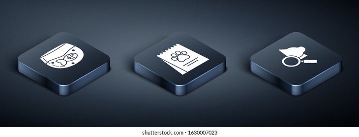 Set Isometric Aquarium with fish, Veterinary clinic symbol and Bag of food for dog icon. Vector