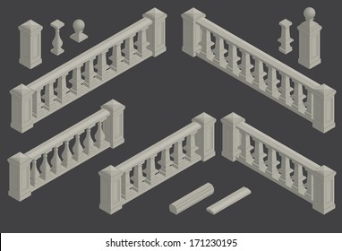 set of isometric architectural element balustrade, vector