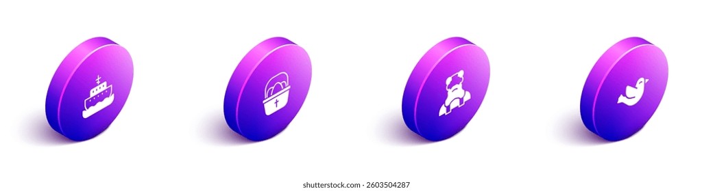 Set Isometric Ark of noah, Basket with easter eggs, Priest and Dove icon. Vector