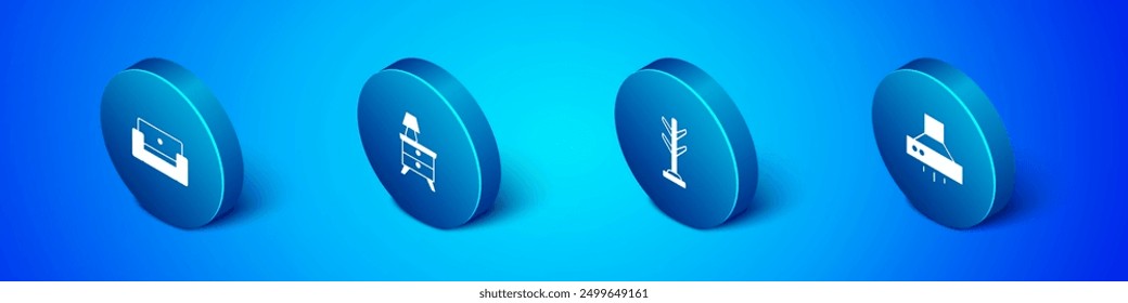 Set Isometric Armchair, Coat stand, Kitchen extractor fan and Nightstand with lamp icon. Vector