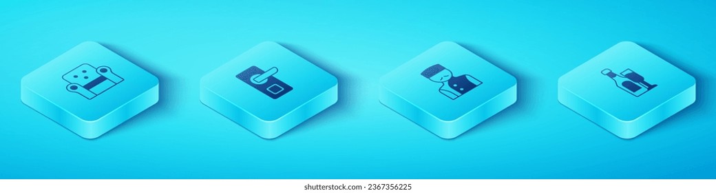 Set Isometric Armchair, Digital door lock, Champagne bottle with glass and Concierge icon. Vector