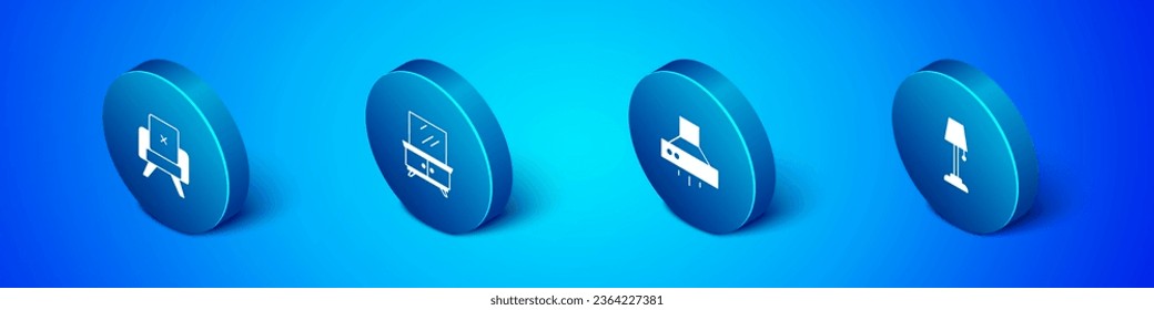 Set Isometric Armchair, Kitchen extractor fan, Floor lamp and Dressing table icon. Vector