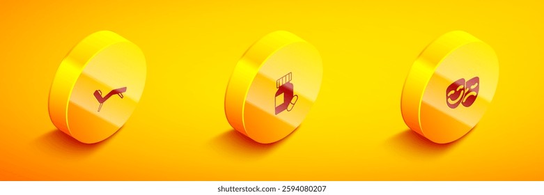 Set Isometric Armchair, Sedative pills and Comedy and tragedy masks icon. Vector