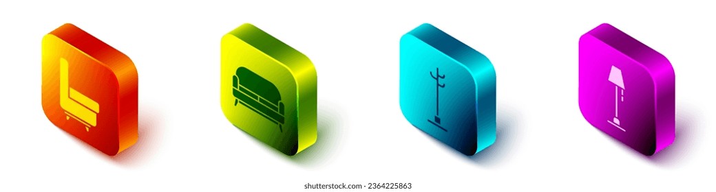 Set Isometric Armchair, Sofa, Coat stand and Floor lamp icon. Vector