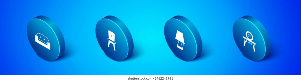 Set Isometric Armchair, Table lamp, Dressing table and Chair icon. Vector