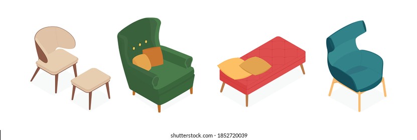 Set of isometric armchairs. Vector collection. Illustration in flat design.