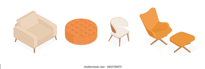 Set of isometric armchairs. Vector collection. Illustration in flat design.