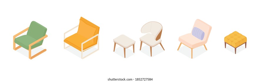 Sillones isométricos. Colección de vectores. Ilustración en diseño plano.
