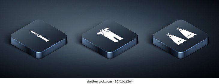 Ponga un cuchillo del ejército isométrico, aletas de goma para nadar y traje húmedo para el icono del submarinismo. Vector