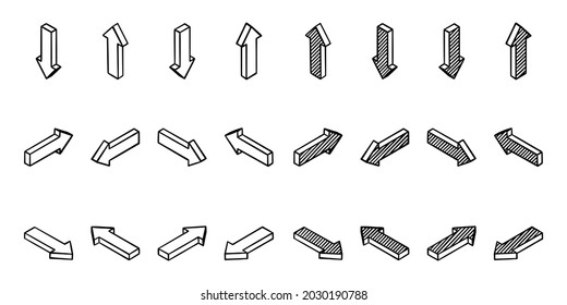 Set of isometric arrows. 3d black with hatching and without. Use as side pointers, loading, cursor, refresh. Isolated vector illustration on white background.
