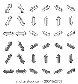 Set of isometric arrows. 3d black with hatching and without. Use as side pointers, loading, cursor, refresh. Isolated vector illustration on white background.