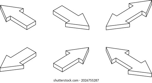 Set of isometric arrows black outline stroke. Vector illustration. Infographic Isometric top view arrow elements.
