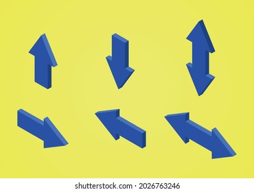 Set of isometric arrows blue color yellow background. Vector illustration. Infographic Isometric left view arrow elements.