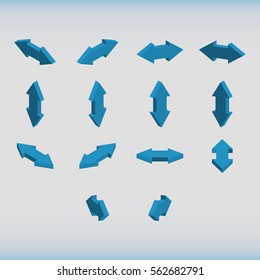Set of isometric arrows blue color. Double-headed arrows. Vector illustration.