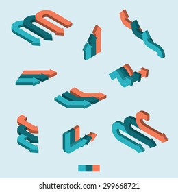 Set of isometric arrows. Blue and orange 3d arrows for infographics.