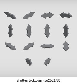 Set of isometric arrows gray color. Double-headed arrows. Vector illustration.