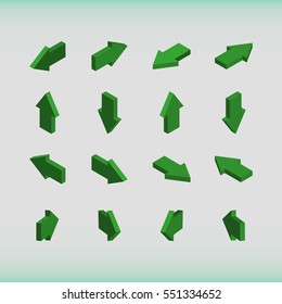 Set Of Isometric Arrows Green. Vector Illustration.