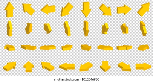 Set of isometric arrows. Vector illustration on transparent background. Yellow icons to show direction of movement or mark targets.  3D arrows collection for infographics, navigation, graphic.