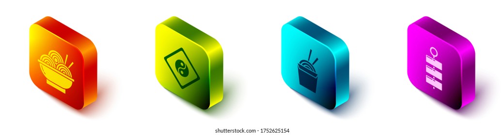 Set Isometric Asian noodles in bowl, Yin Yang, Asian noodles in paper box and chopsticks and Firework icon. Vector