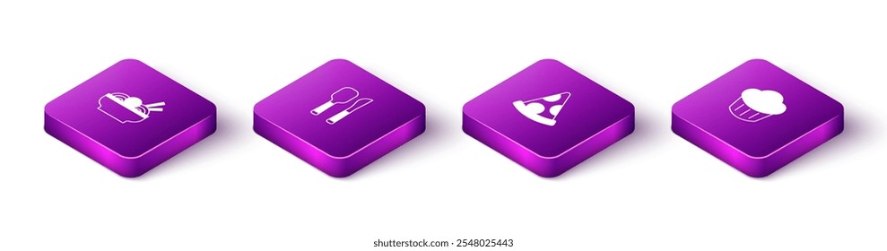 Set Isometric Asian noodles in bowl, Knife and spoon, Slice of pizza and Cupcake icon. Vector
