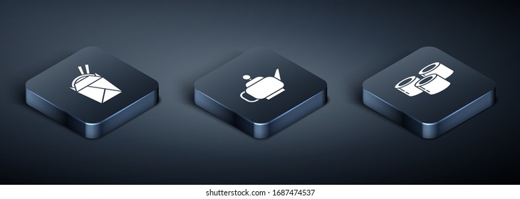 Set Isometric Asian noodles in paper box and chopsticks, Sushi and Japanese tea ceremony icon. Vector