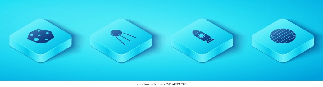 Set Isometric Asteroid, Satellite, Planet and Rocket ship icon. Vector