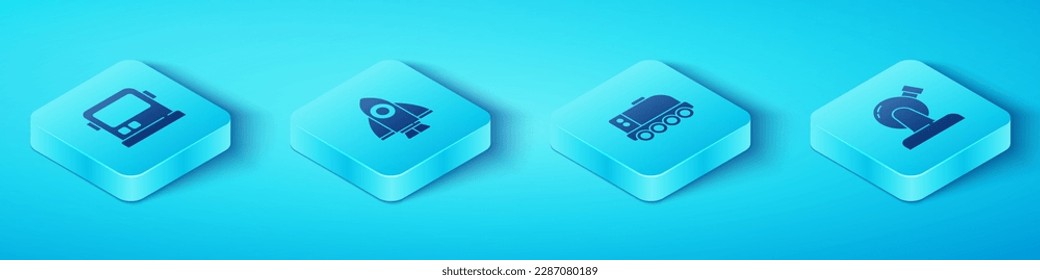 Set Isometric Astronaut helmet, Rocket ship, Astronomical observatory and Mars rover icon. Vector