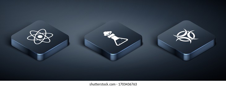 Set Isometric Atom, Biohazard symbol and Test tube and flask chemical icon. Vector