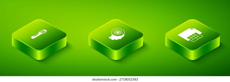 Establecer átomo isométrico, calculadora e icono de tubo de ensayo. Vector